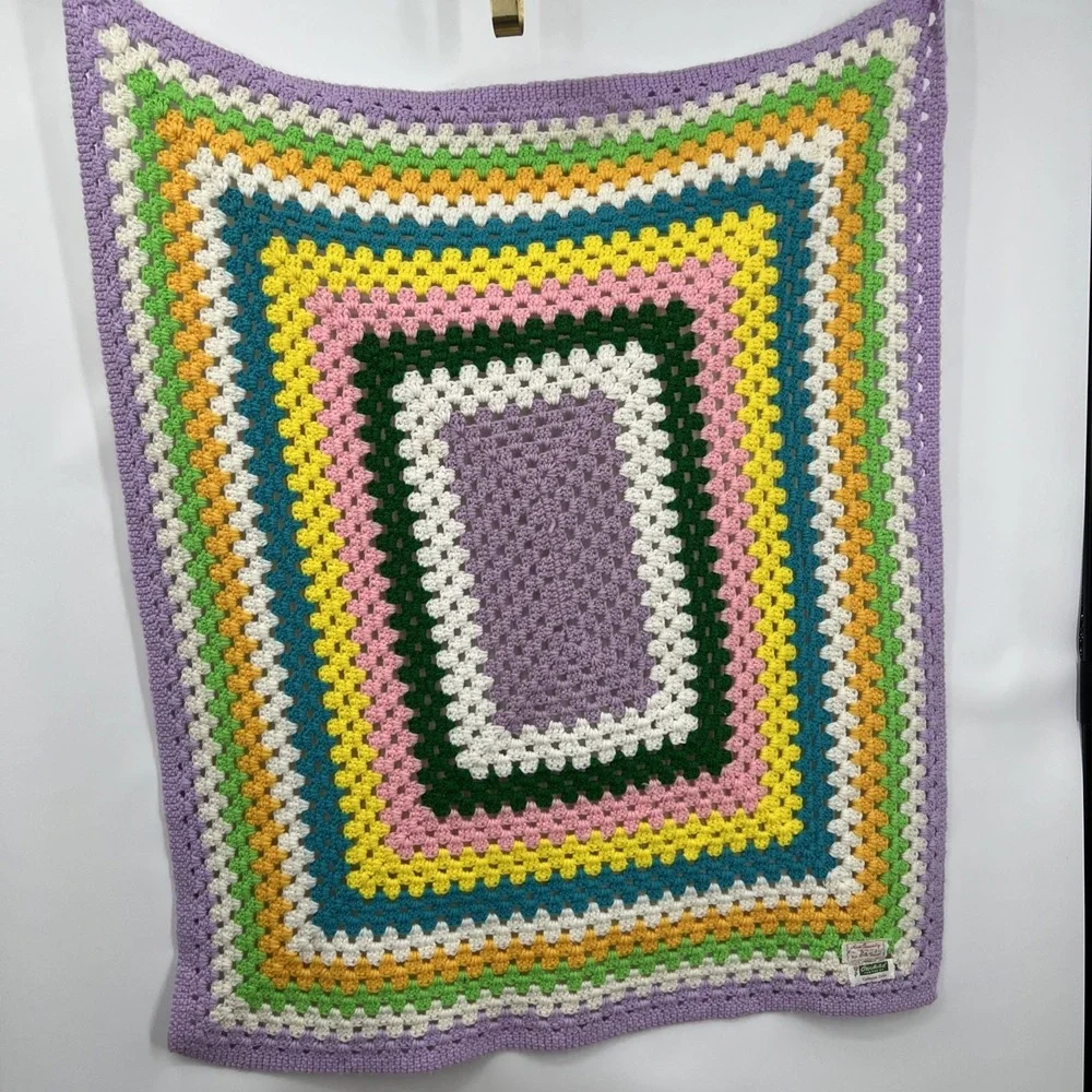 Square Crochet Lap Blanket Small Throw Quilt Rainbow Multicolored 33